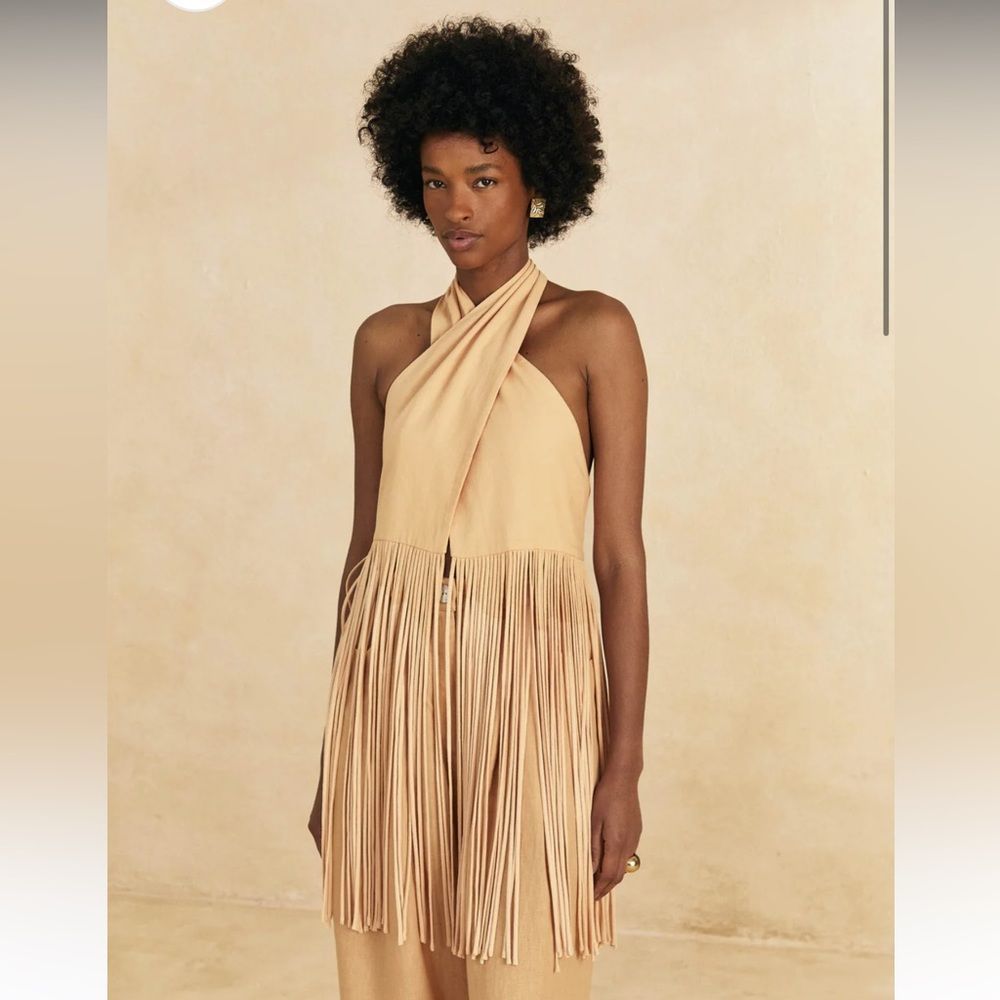 FARM Rio Tan Halter Fringe Top